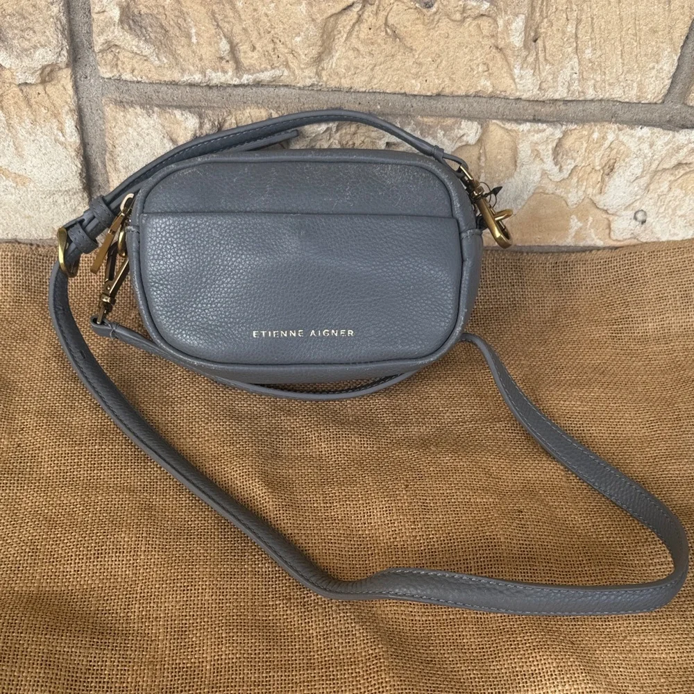 Etienne Aigner Gray Leather Crossbody Bag Purse Logo Camera Bag Stella Mini